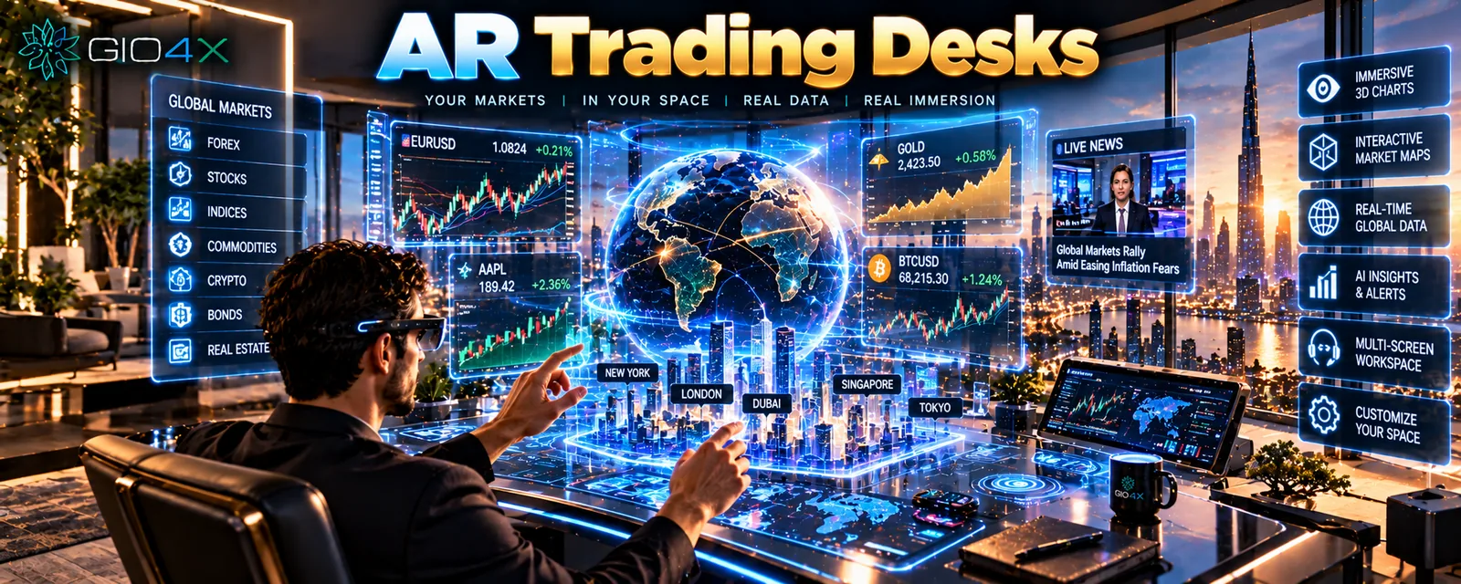 A trader in glasses with virtual market screens around the desk