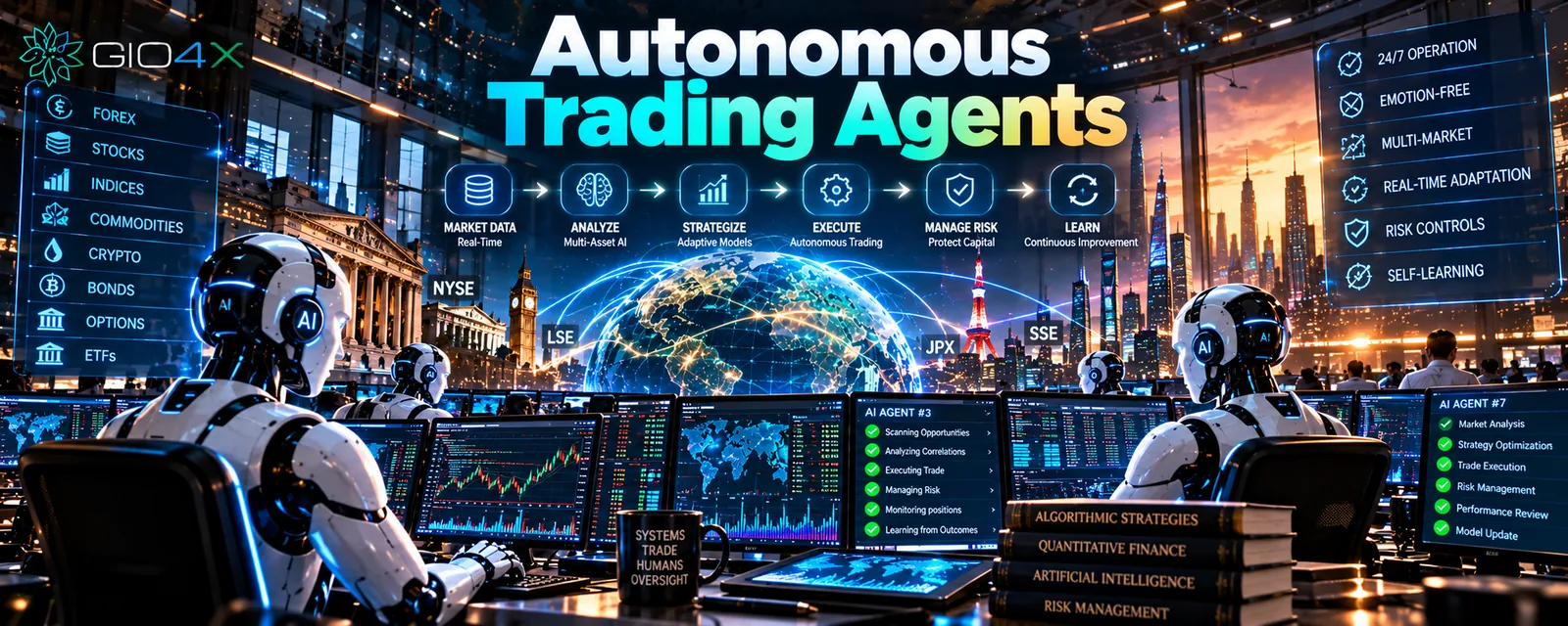 Robots at trading desks under a diagram of an agent's working loop