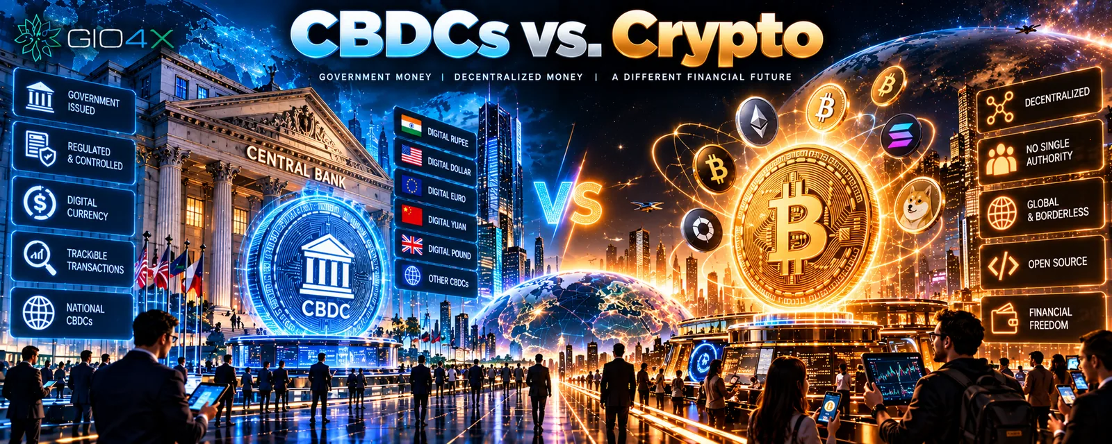 A central bank and its digital coin facing a cluster of crypto coins
