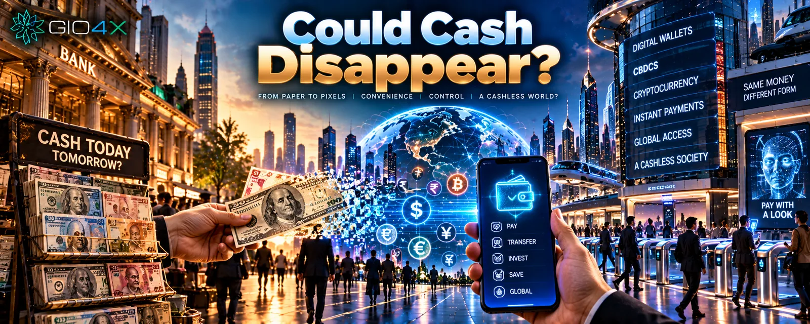 Banknotes dissolving into pixels beside a phone wallet