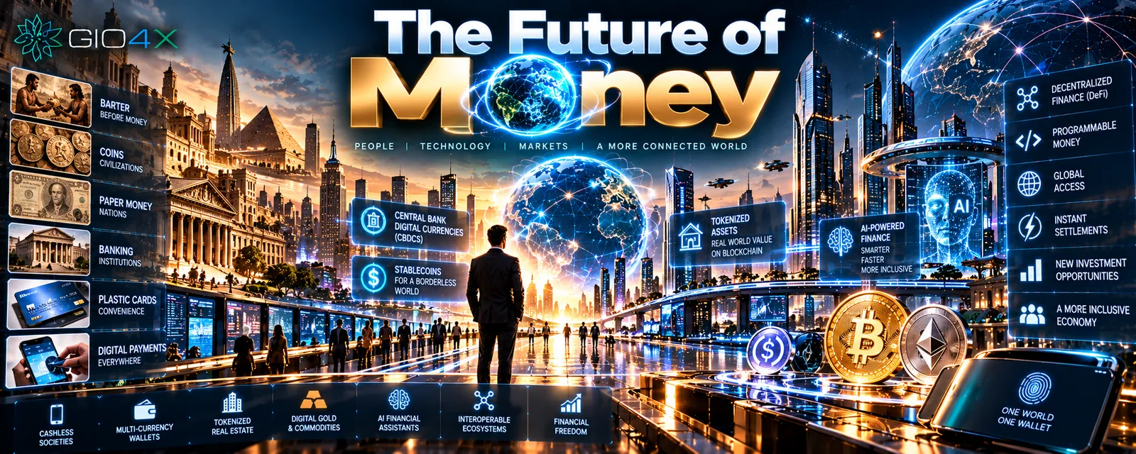 A figure facing a future city, with the history of money down one side