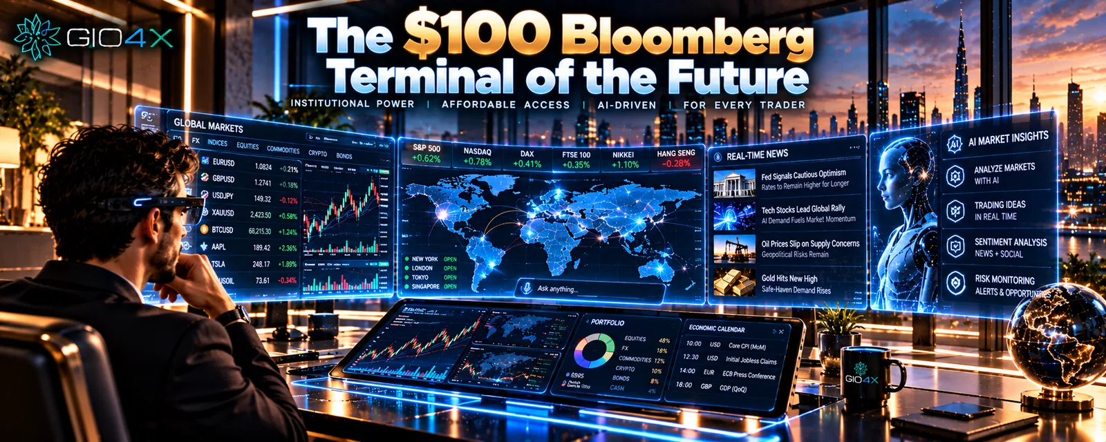 A trader at a desk of market, news and AI panels