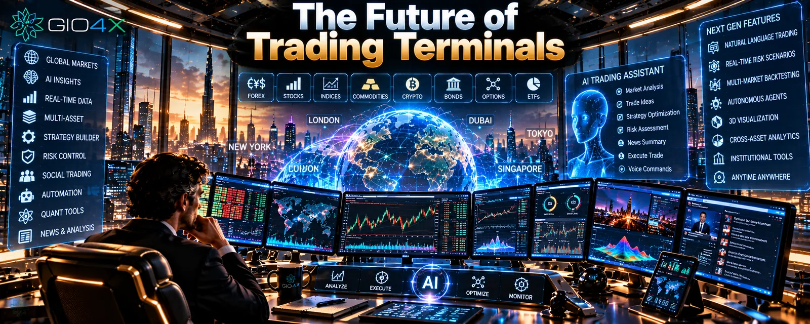 A trader at a wide desk of screens with an AI assistant panel