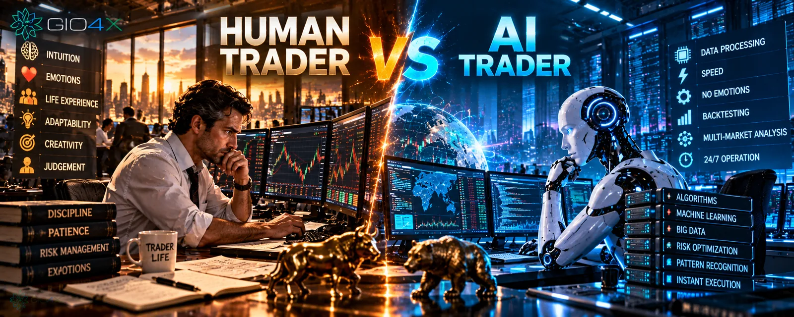 A human trader and an AI trader at facing desks, split down the middle