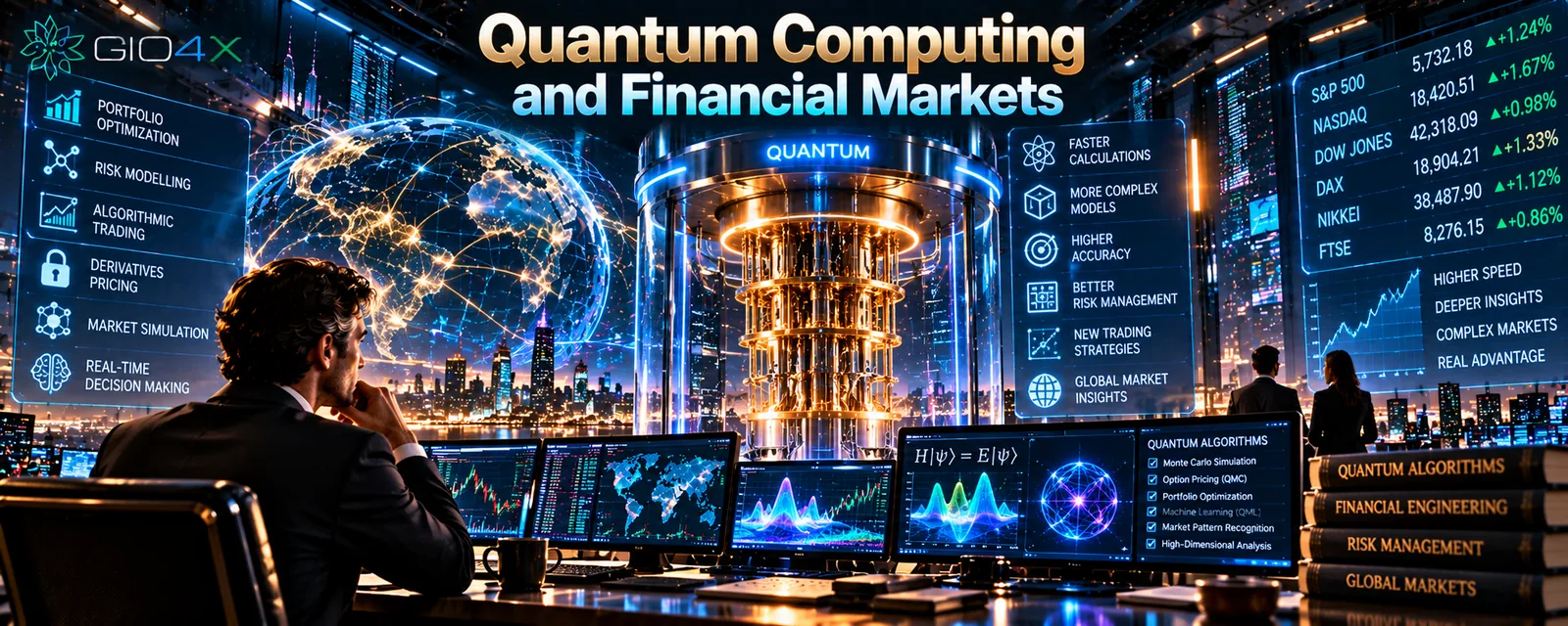 A quantum computer in a glass chamber among trading screens