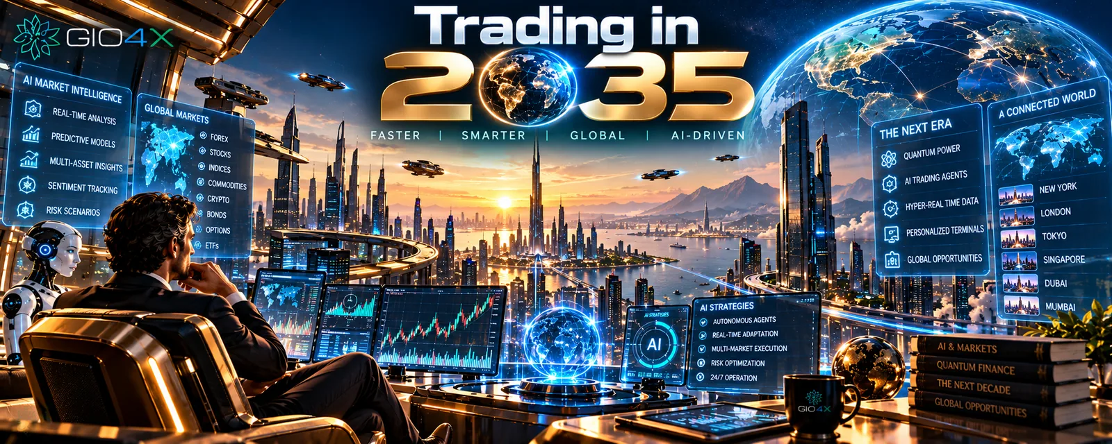 A trader looking over a future city from a desk of trading screens