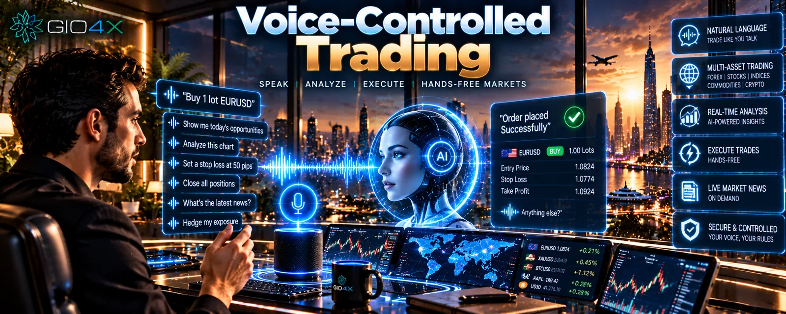 A trader speaking to an assistant, with an order confirmation on screen
