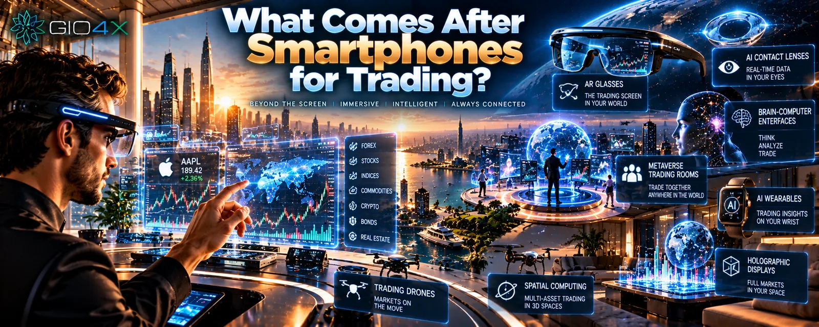 A trader in smart glasses touching a chart in the air