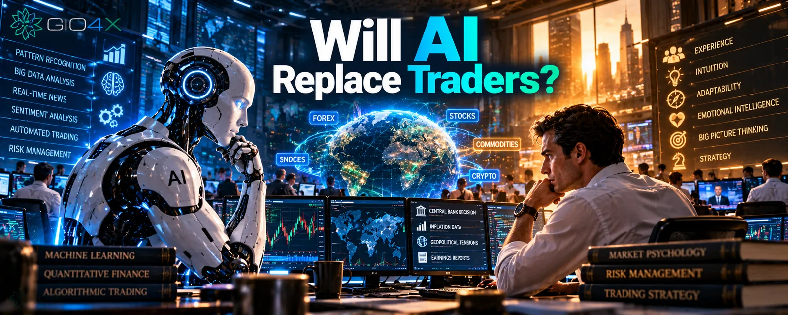 A robot and a human trader studying the same market screens