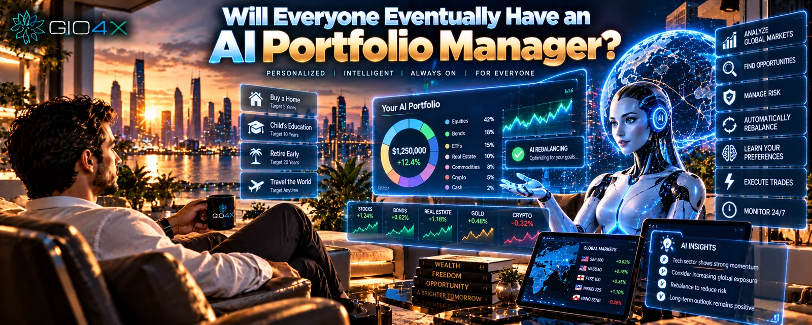 A man at home beside a portfolio panel and an AI assistant