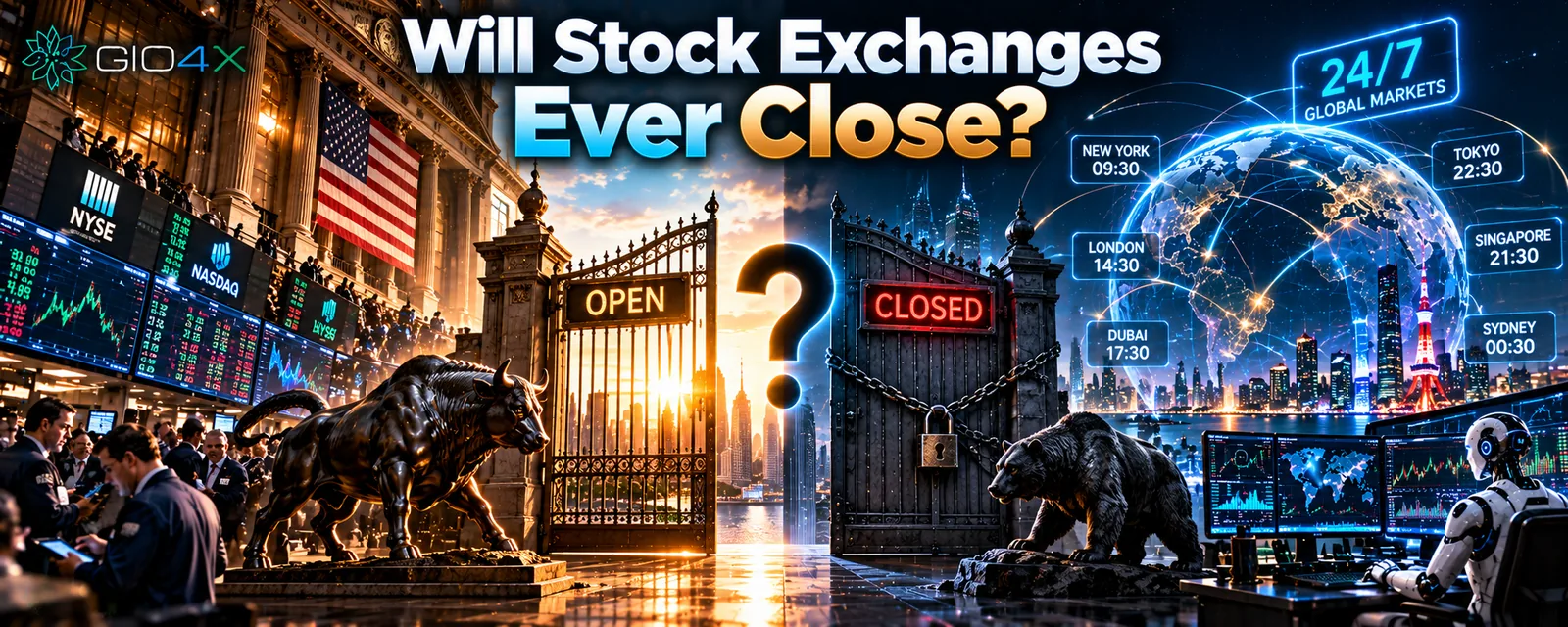 An exchange gate half open and half chained, with a bull and a bear