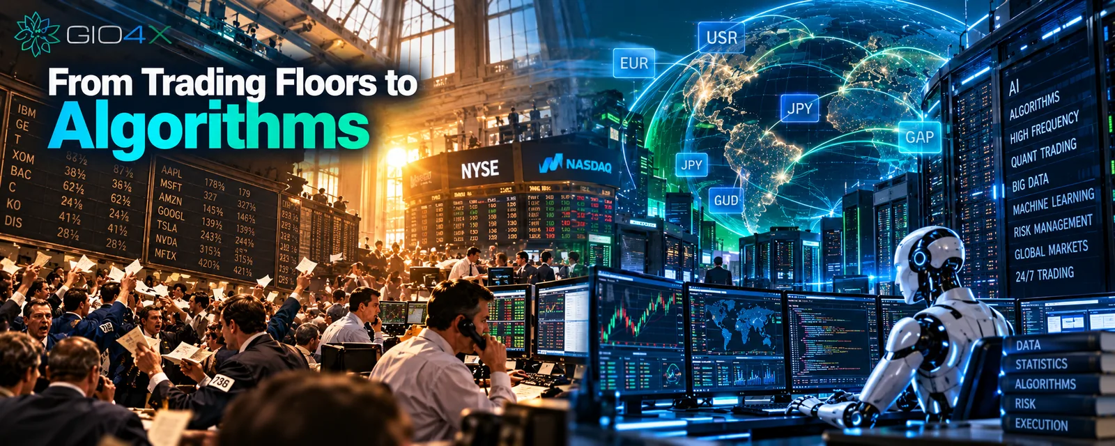 A crowded trading floor beside server racks and screens of algorithms