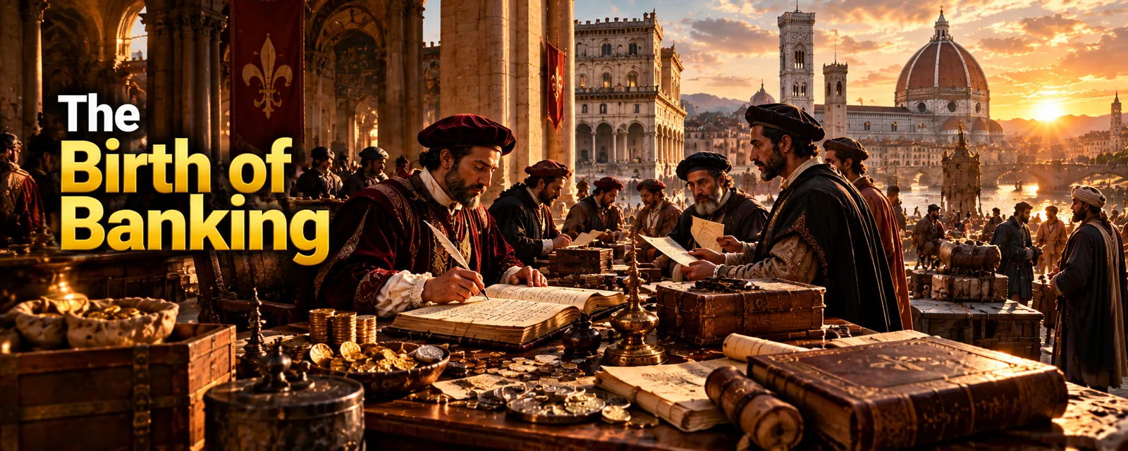 Renaissance bankers writing in ledgers at a table of coins in Florence