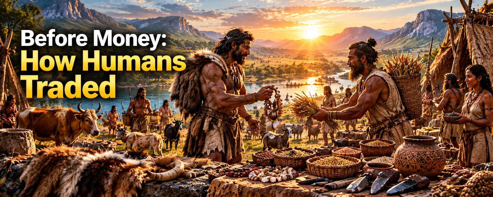 A prehistoric marketplace at sunset: people exchanging beads, grain and animals