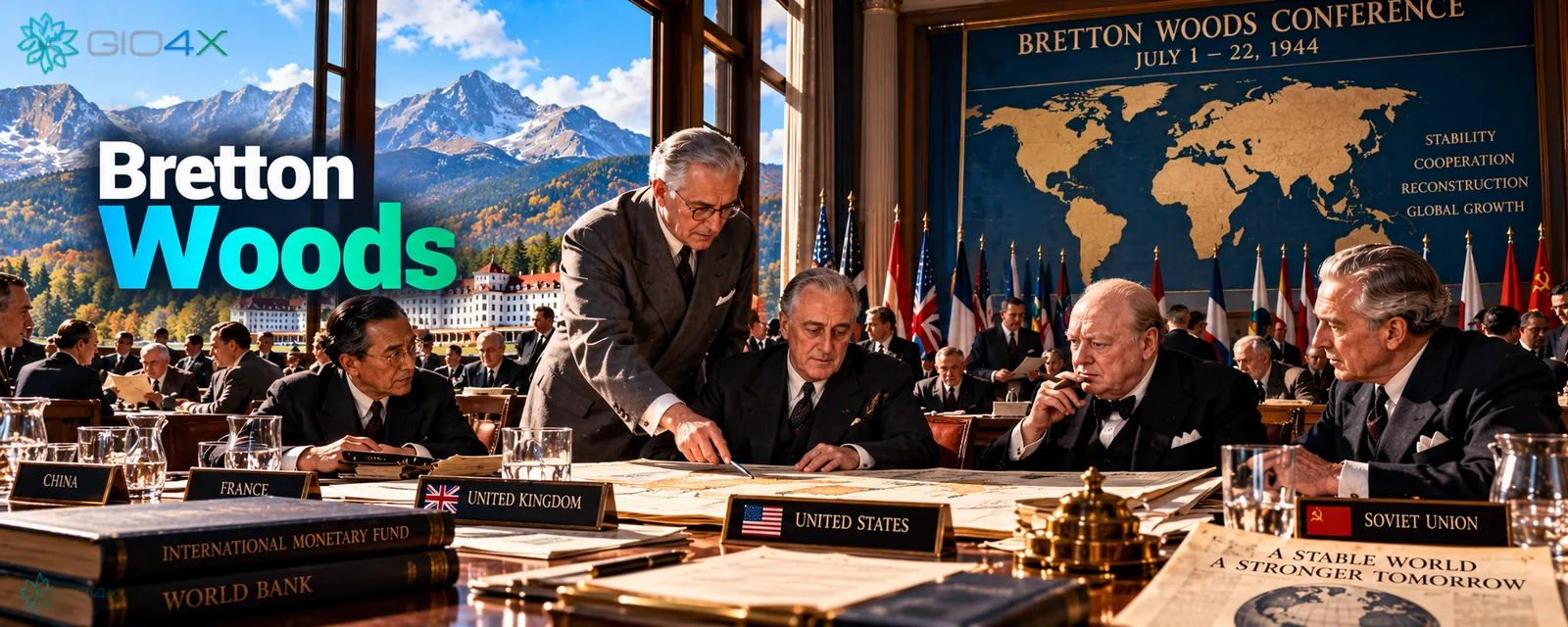 Delegates round a table at the Bretton Woods conference of 1944