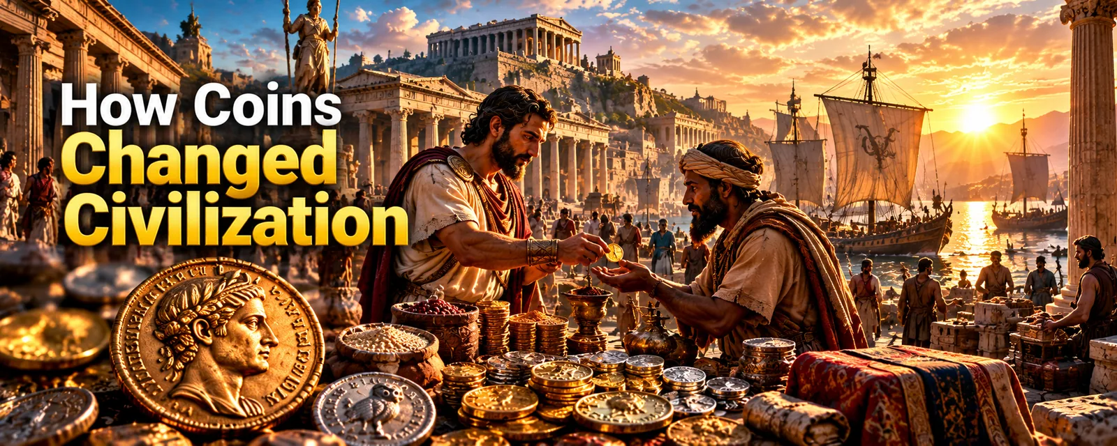 An ancient harbour market with gold and silver coins changing hands