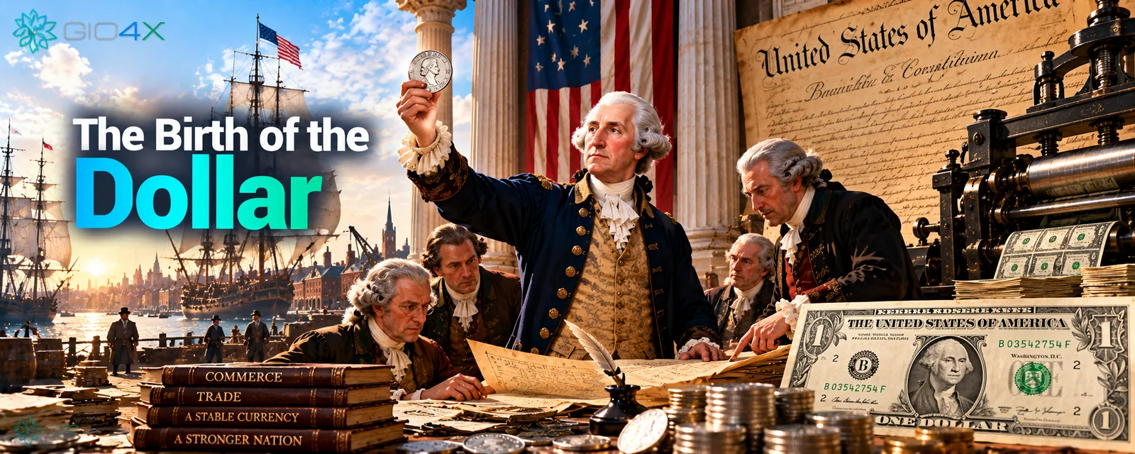 Founders of the United States examining a silver dollar