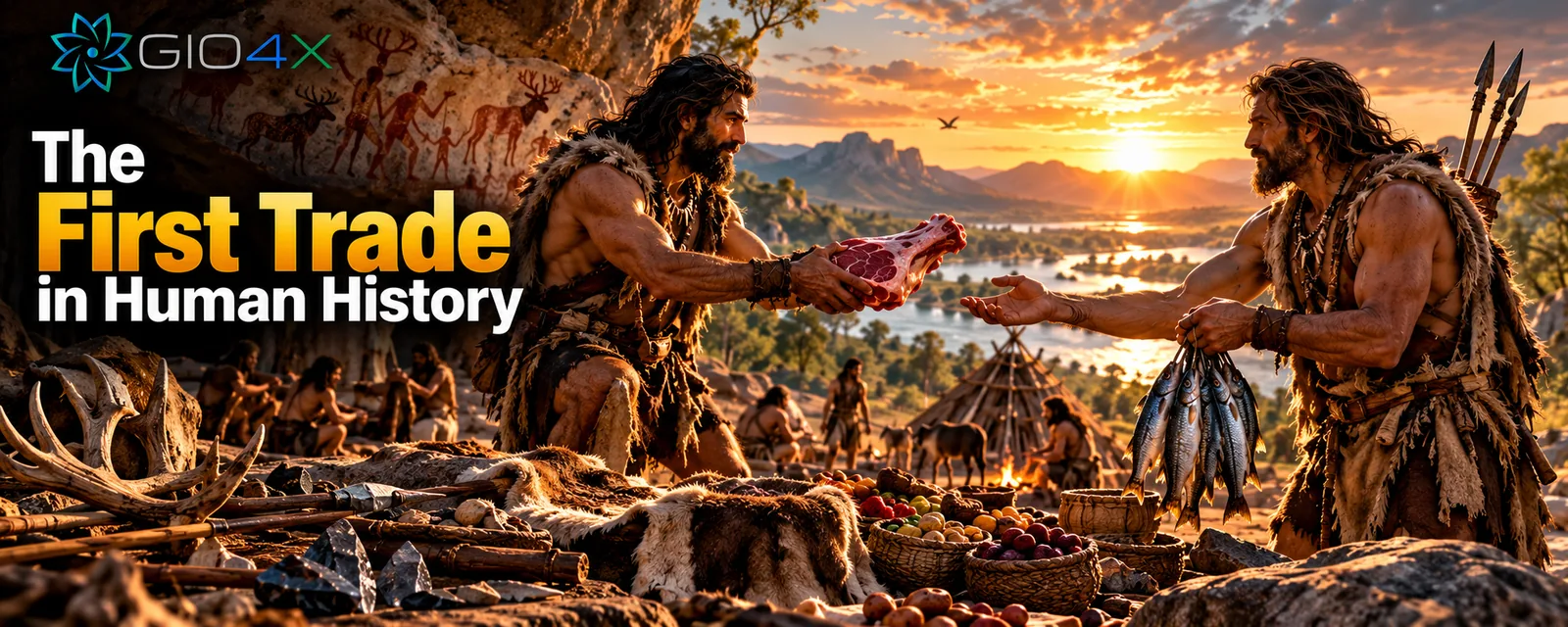 Two prehistoric people exchanging meat for fish beside a cave at sunset