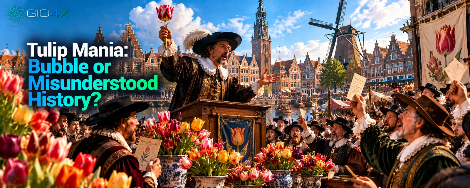 A tulip auction in a Dutch town square