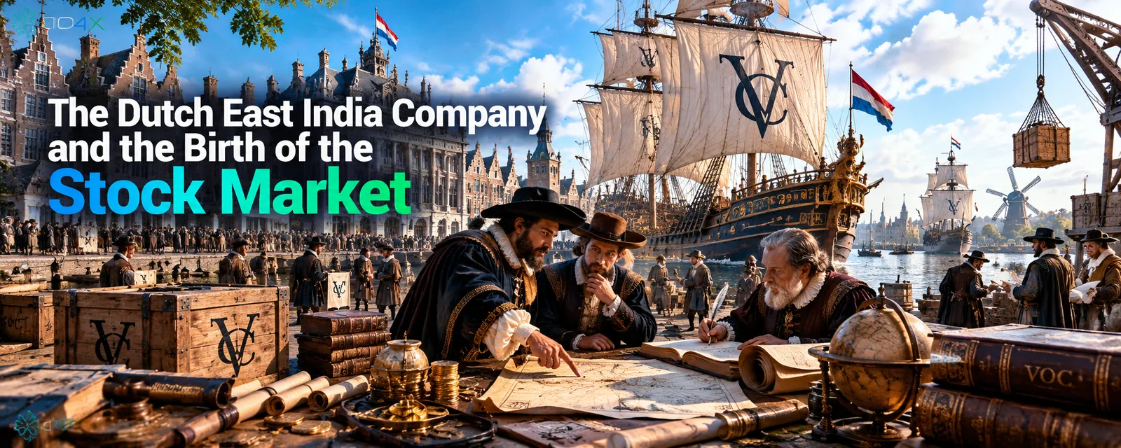 Dutch merchants studying a map on the quay beside a VOC ship
