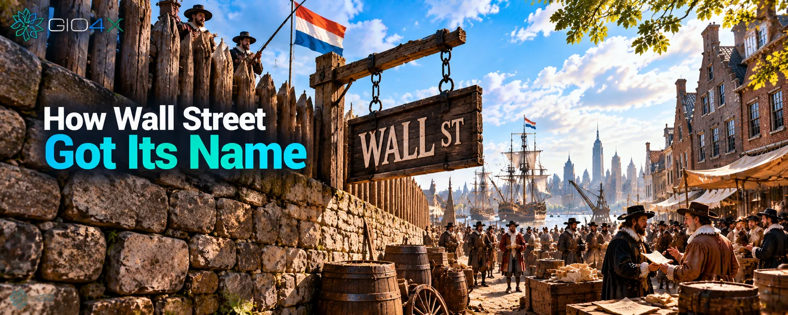 The wooden wall and market of New Amsterdam, with a sign reading Wall St