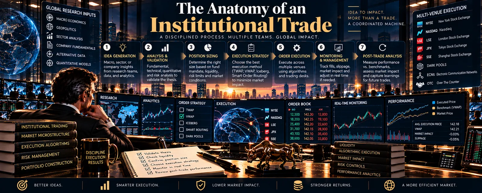 A trader at a desk under seven stages of a trade, from idea to review