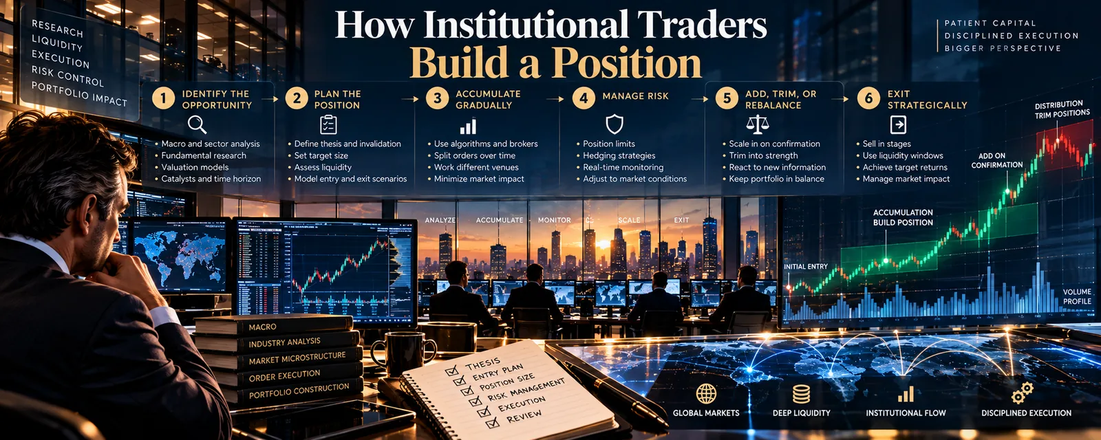 A trader at a desk under six steps for building a position