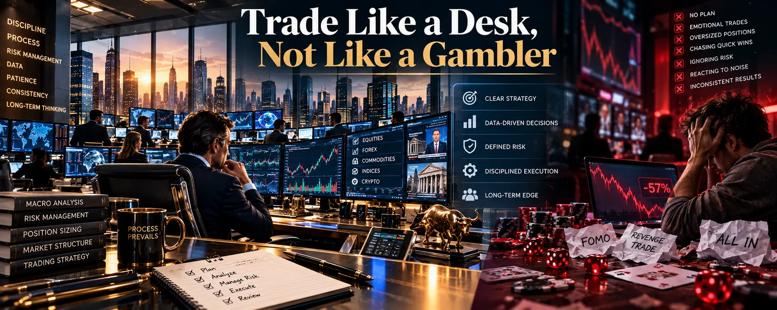 An orderly trading desk on one side and a gambler at a table on the other