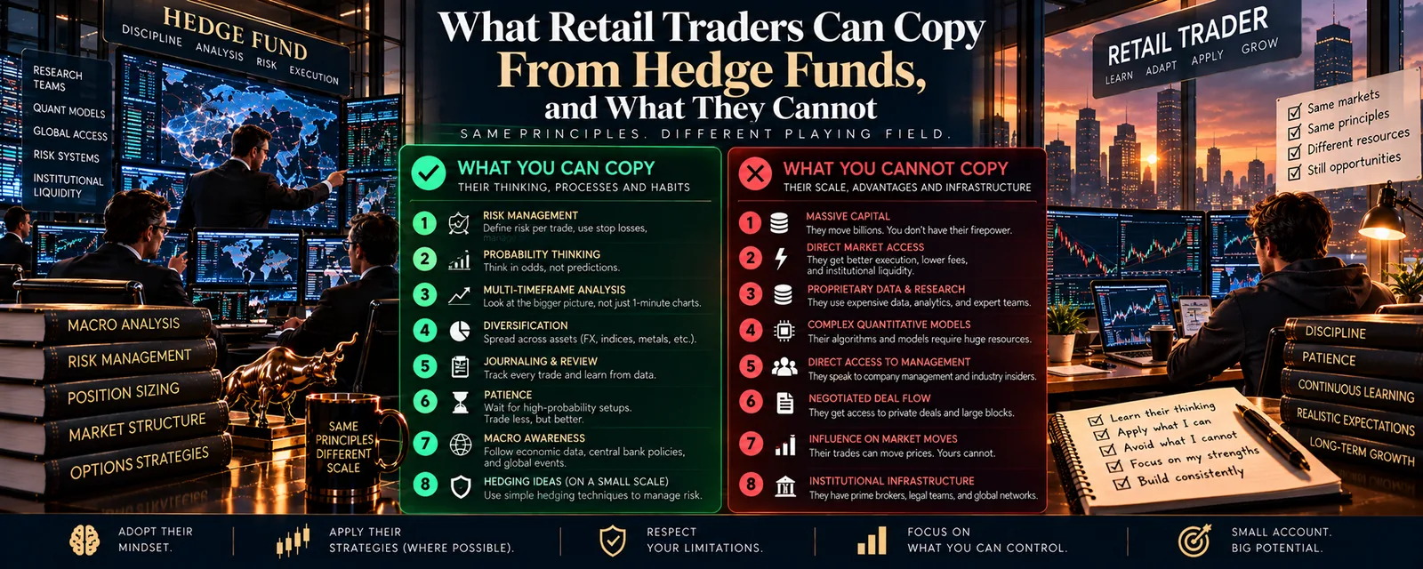 Two lists side by side: what a retail trader can copy from a hedge fund and what they cannot