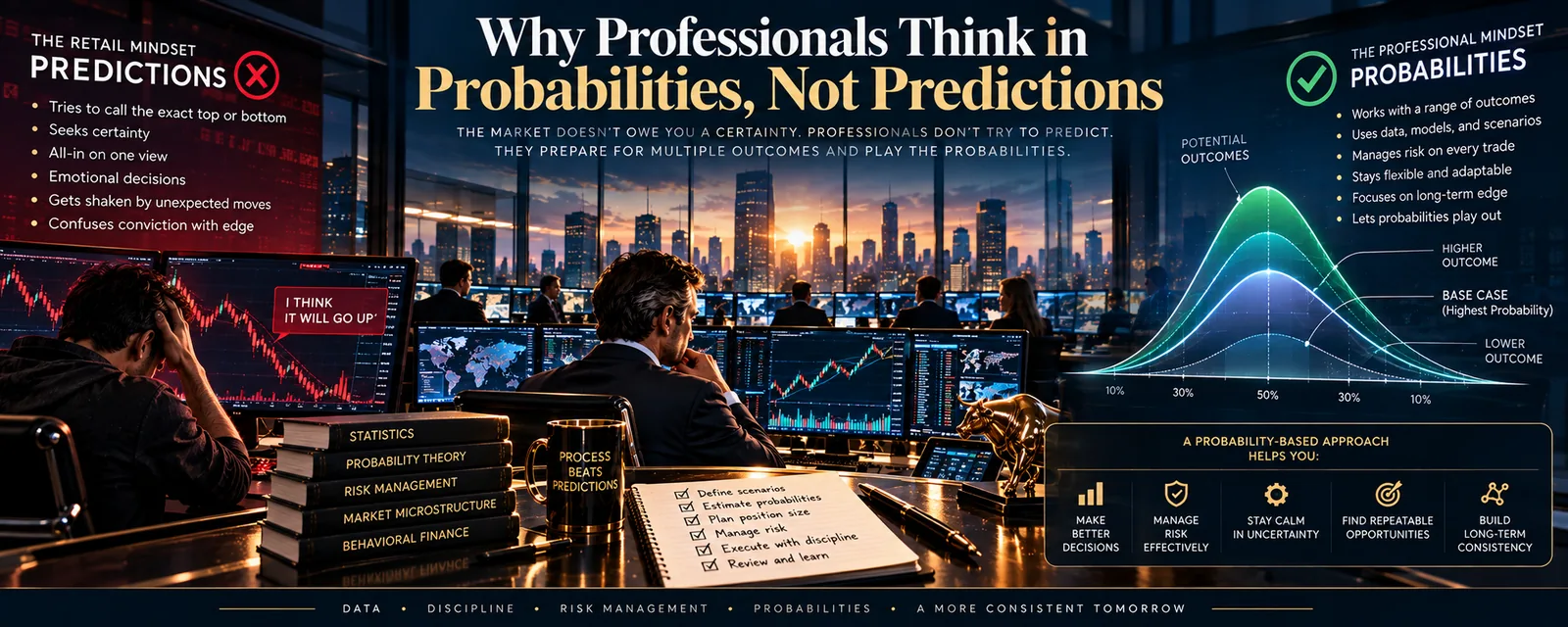 A bell curve of possible outcomes beside a trader certain of one prediction