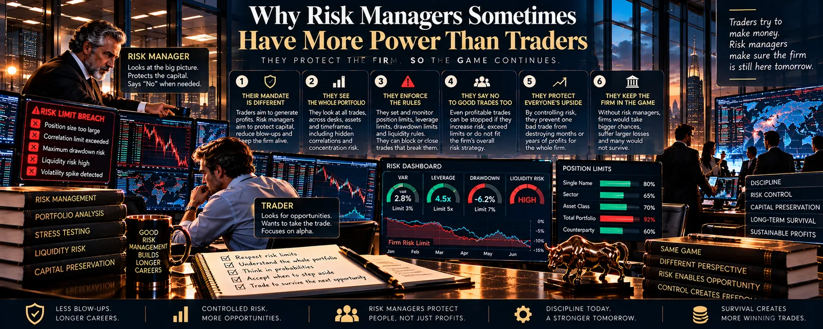 A risk manager pointing at a breached limit while a trader holds his head