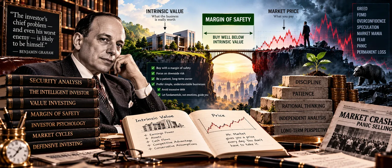 A bridge between a cliff marked intrinsic value and one marked market price: the margin of safety