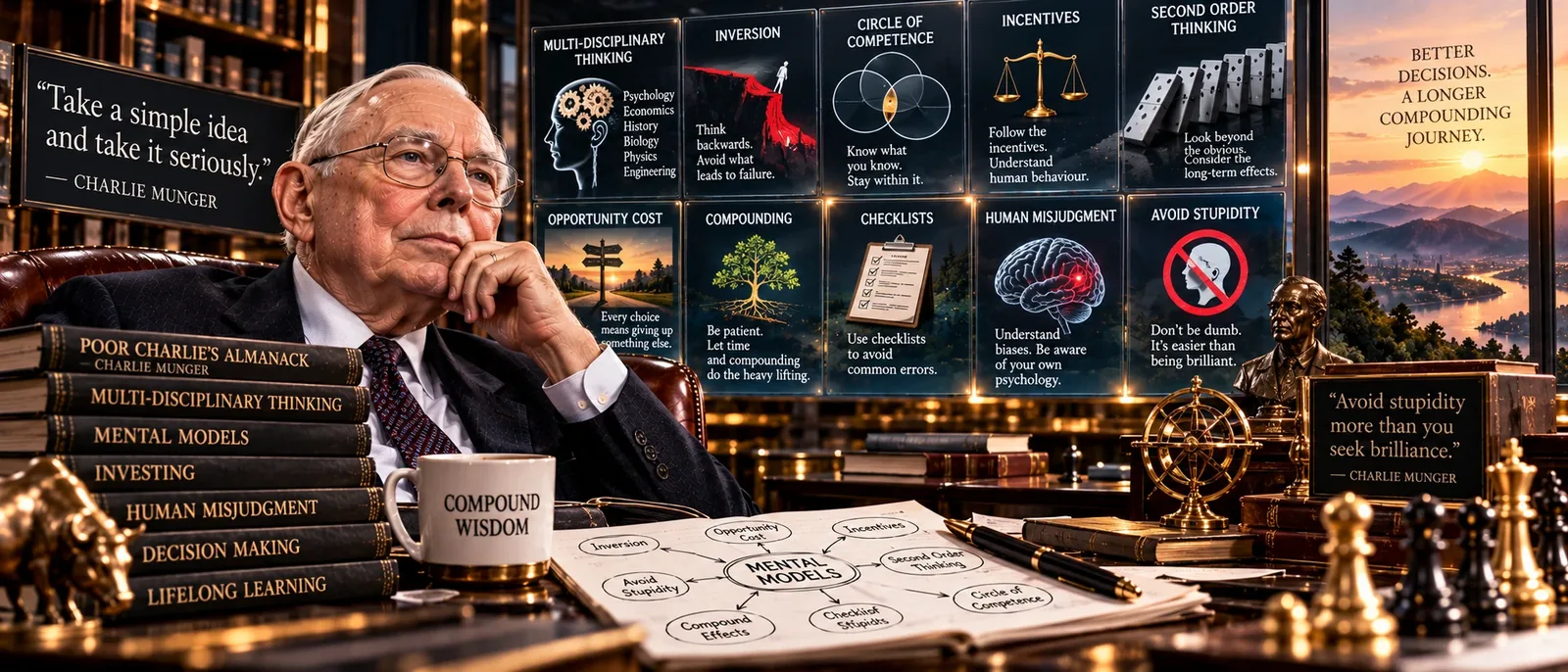 An investor in a library before ten panels of mental models, from inversion to checklists