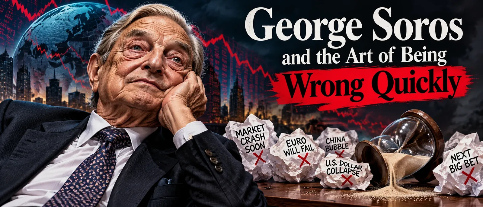 An investor beside crumpled notes of forecasts that were crossed out, and an hourglass on its side