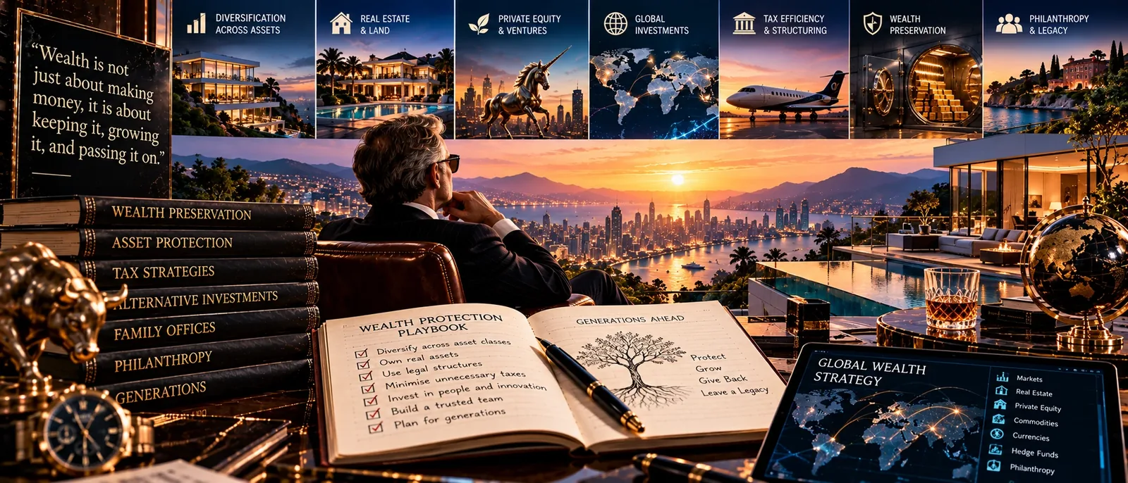 A man looking over a bay at sunset beside a notebook headed wealth protection playbook