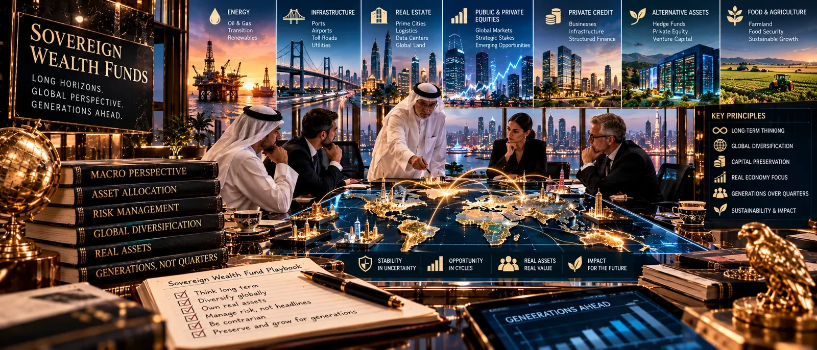 Investors round a lit map of the world under panels for energy, infrastructure, real estate and equities