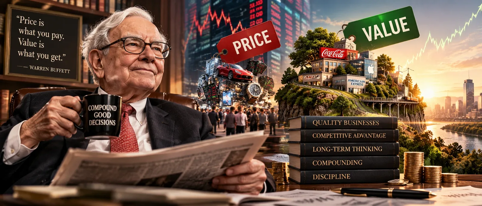 An investor at a desk between a red tag marked price and a green tag marked value