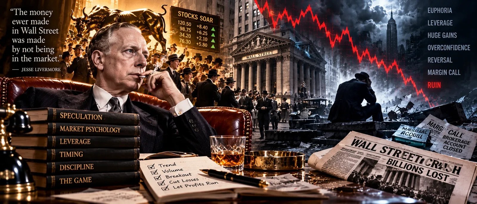 A speculator of the 1920s between a cheering crowd on Wall Street and a man ruined after the crash