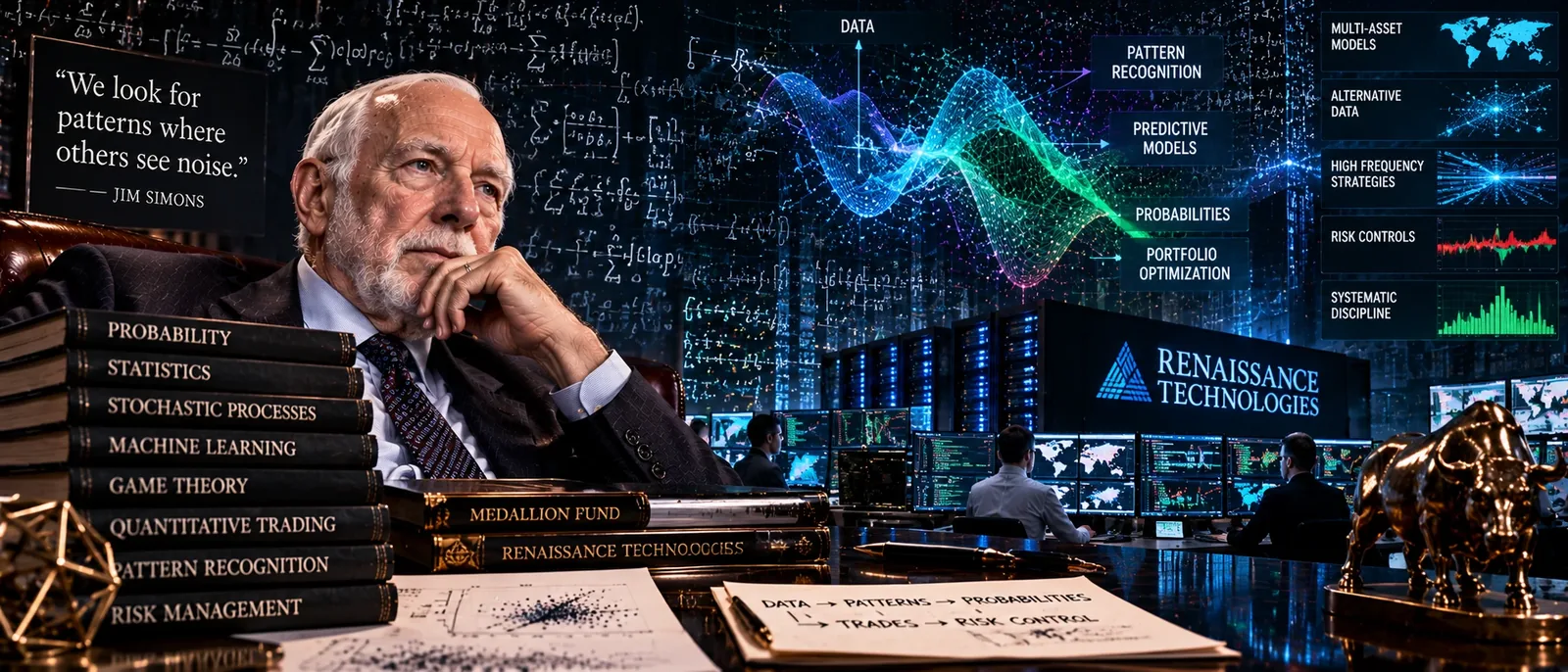 A mathematician before a wall of equations and a room of screens