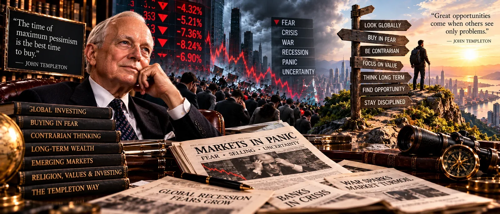 An investor at a desk of headlines about panic, beside a signpost that reads look globally and buy in fear