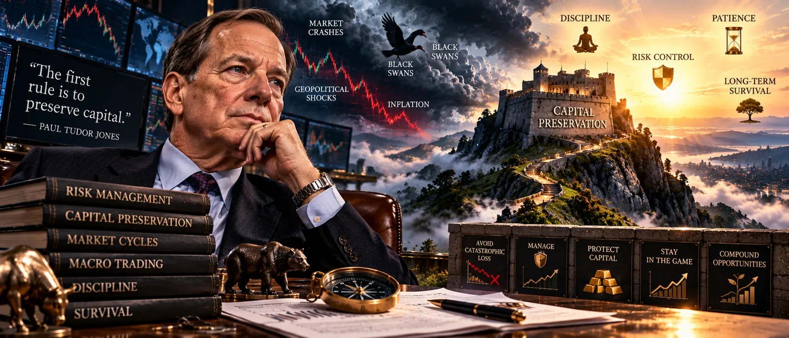An investor at a desk before a fortress on a hill marked capital preservation