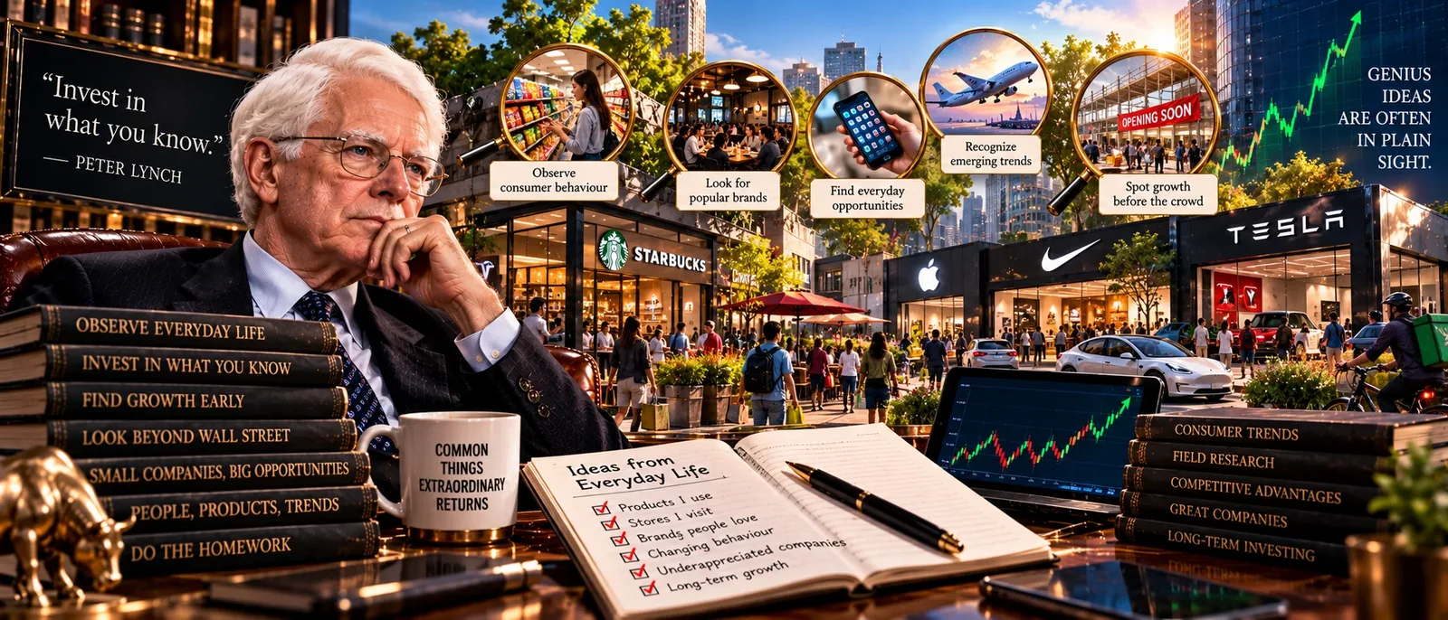 An investor looking out at a busy shopping street through five magnifying glasses