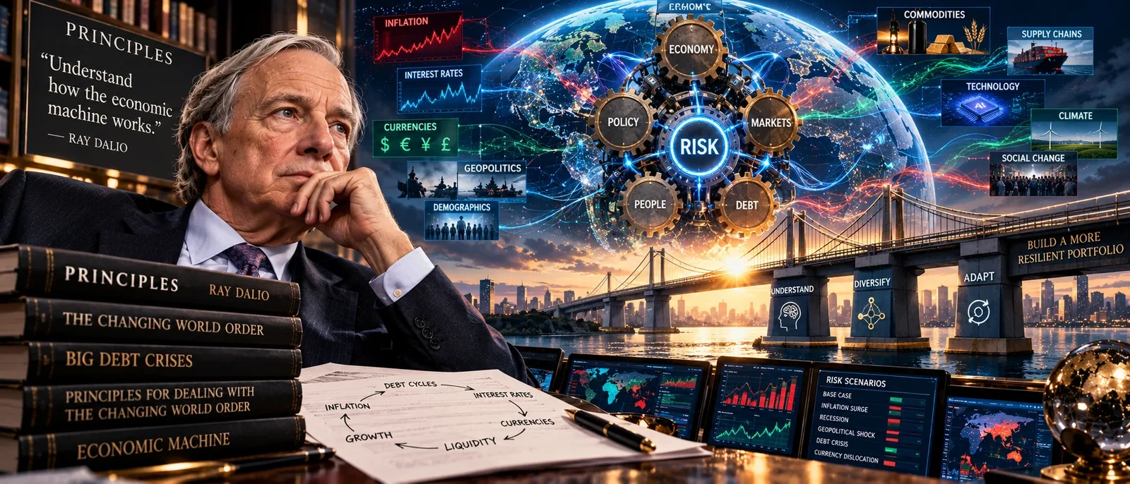 An investor beside a set of gears marked economy, policy, markets, debt and people, with risk at the centre