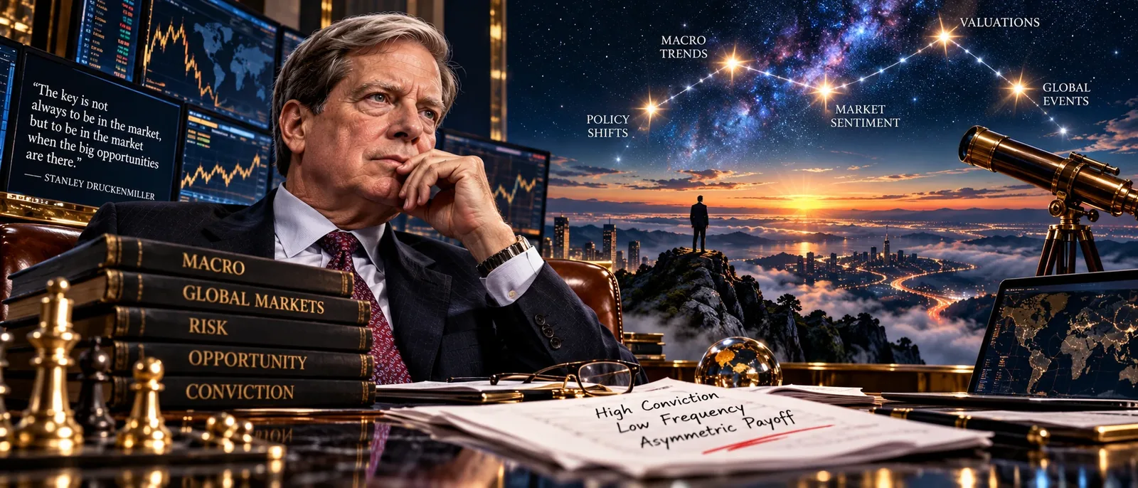 An investor at a desk under a night sky where policy, sentiment and valuations line up as stars
