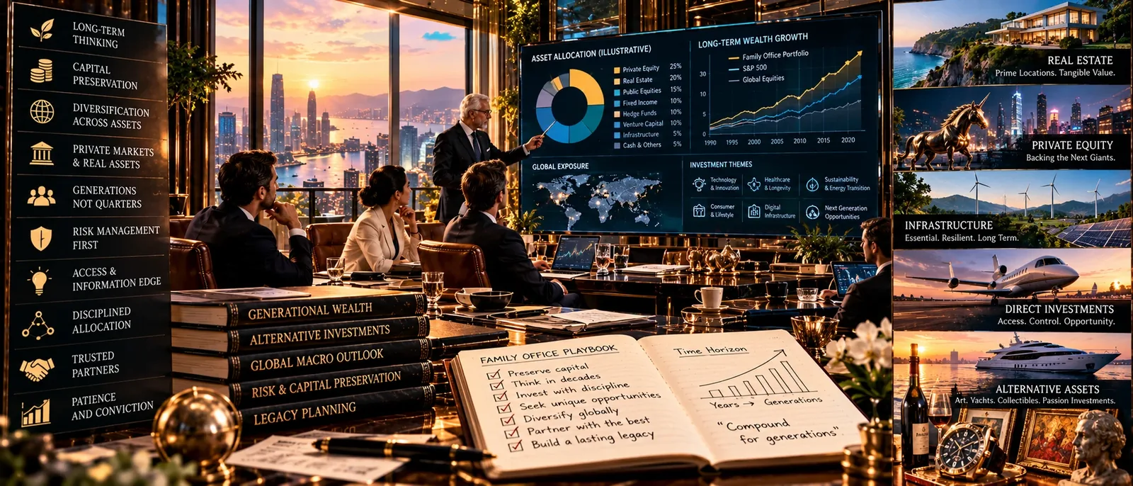 A family office meeting before a screen of asset allocation, with a notebook headed family office playbook