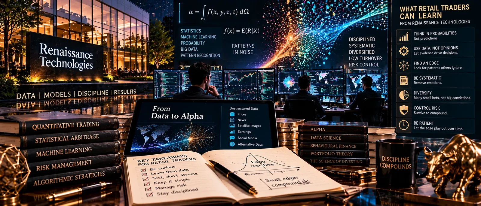 Researchers at screens beside a list of what retail traders can learn from a quantitative fund