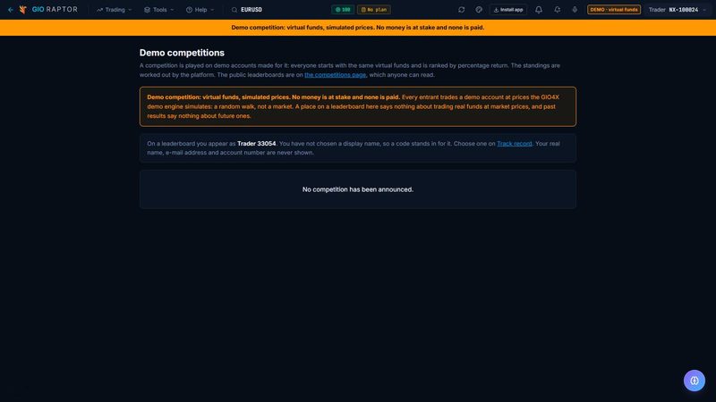 Screenshot of Demo competitions in 777 Raptor, on a demo account