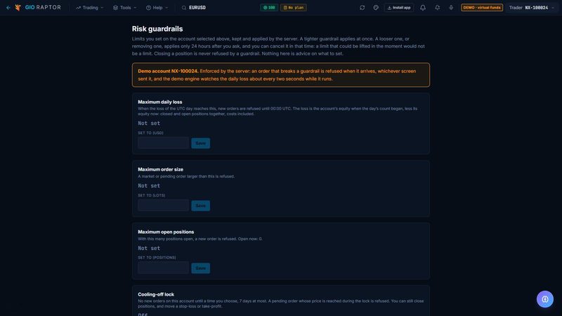 Screenshot of Risk guardrails in 777 Raptor, on a demo account