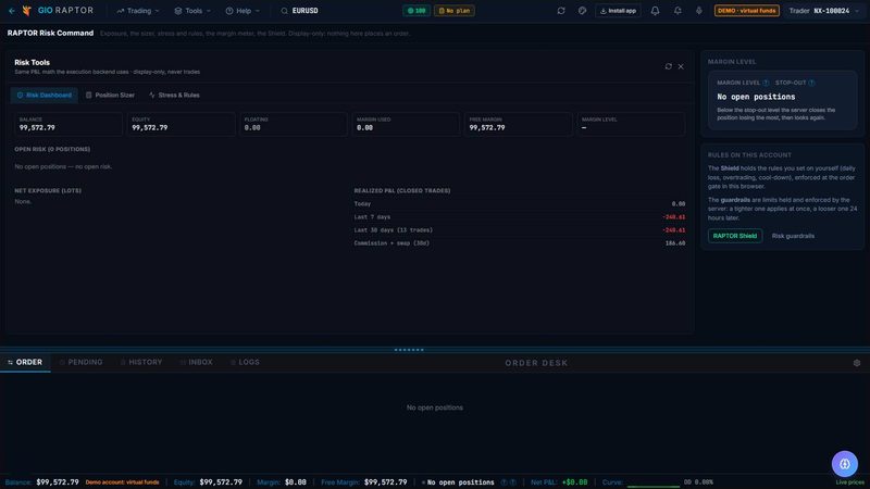 Screenshot of RAPTOR Risk Command in 777 Raptor, on a demo account