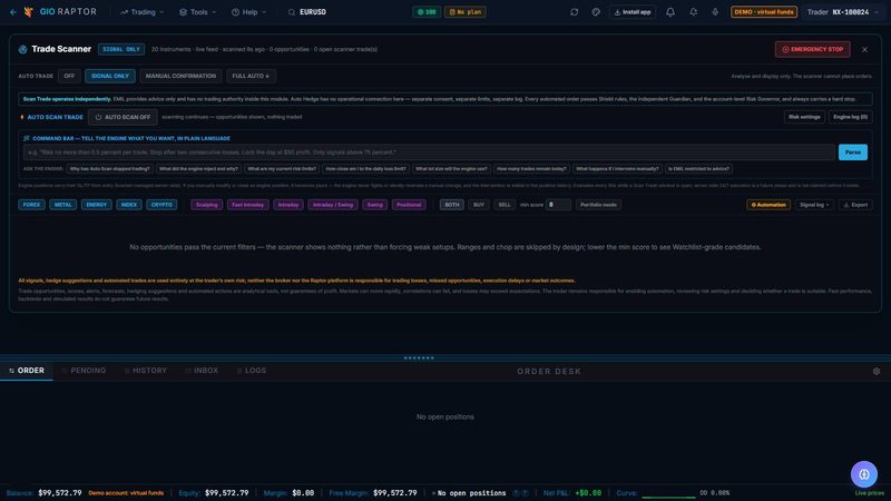 Screenshot of RAPTOR Scanner in 777 Raptor, on a demo account